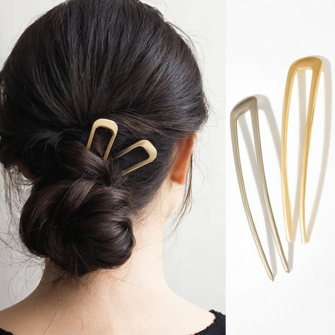 Colette French hair pin holding a low bun, back view